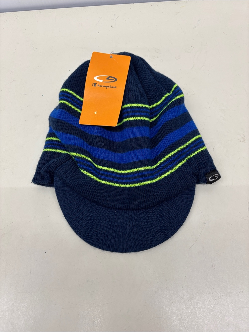NWT Champion Navy Blue Knit Visor Hat with Bright Blue and Neon Green Stripes